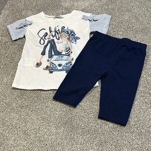 Mayoral matching set girl taking selfie navy‎ blue pants white top size 2 NWOT